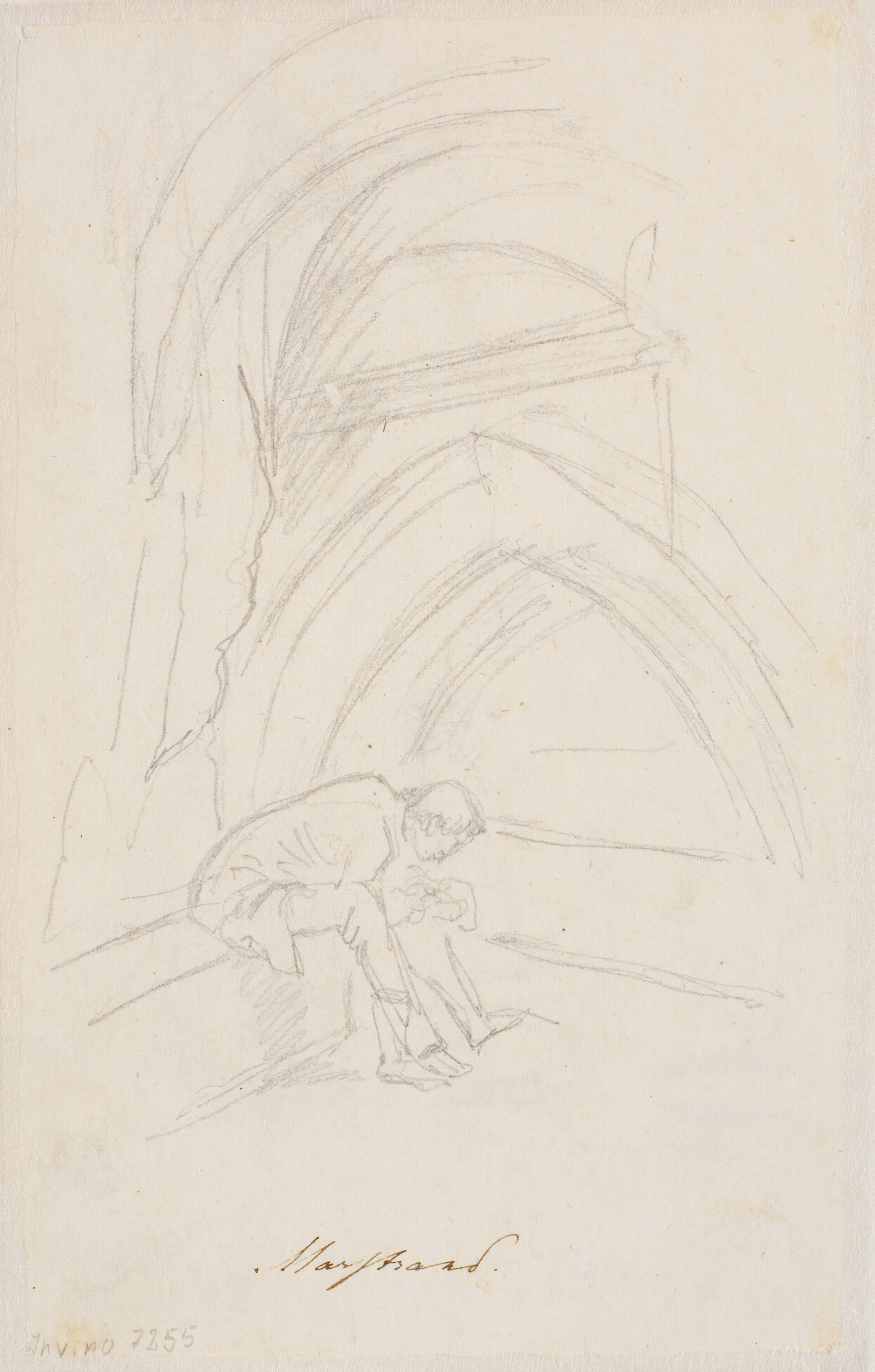 Blyantsskitse af siddende herre i interiør med bjælker og hvælvinger